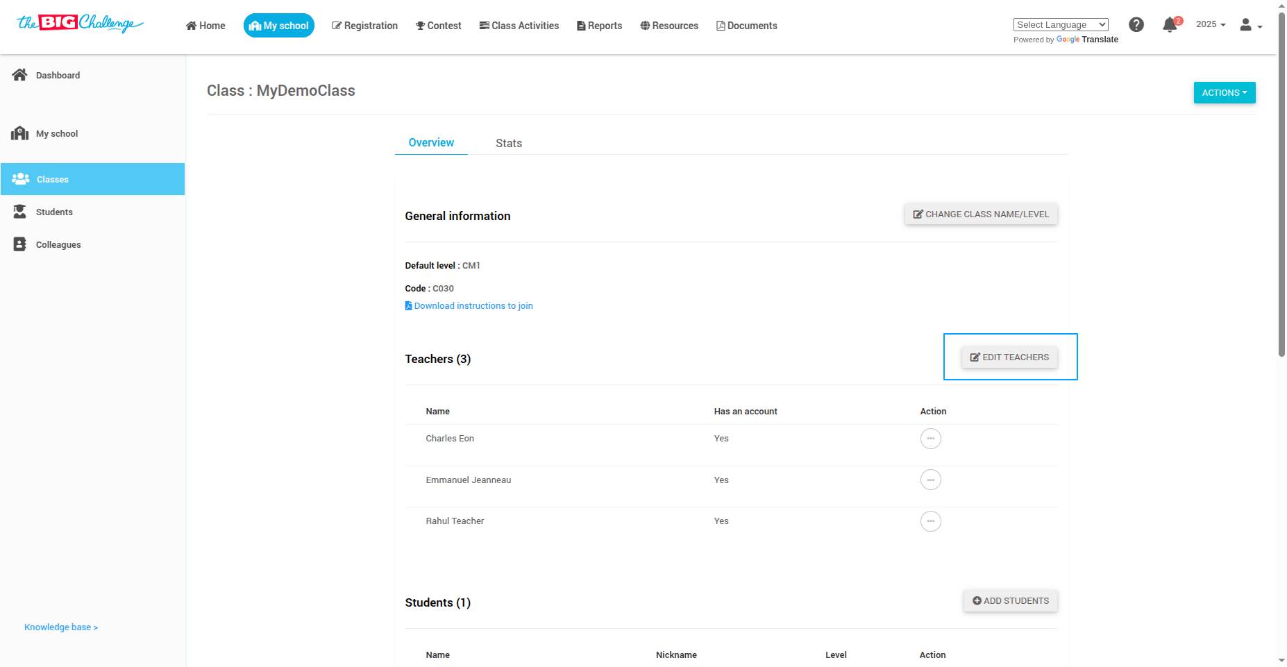 Click Edit Teachers on the selected class 