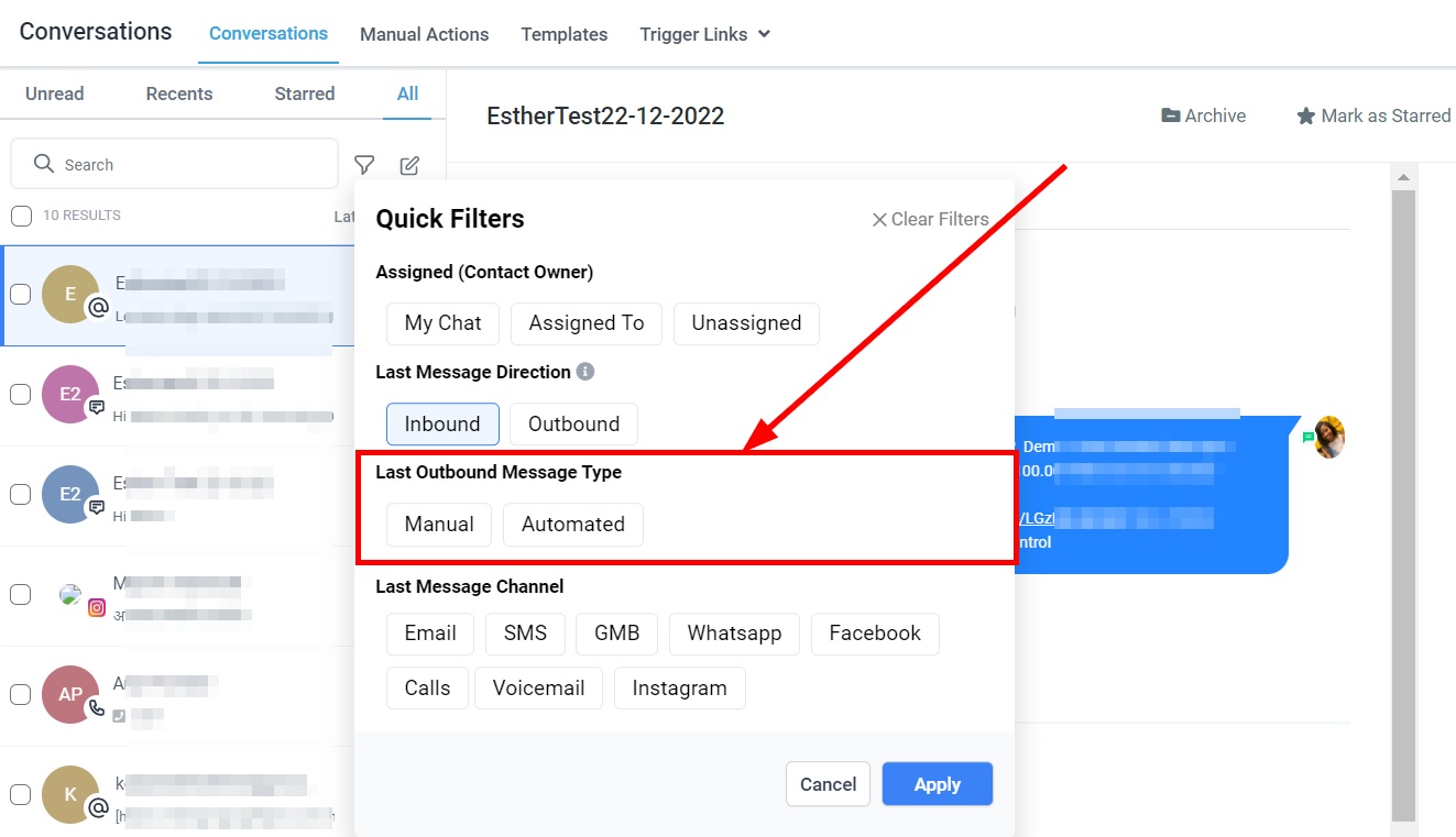 Filter by last outbound message type