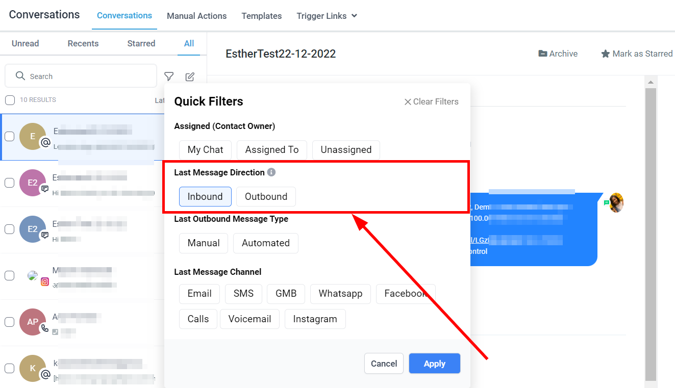 Filter by last message direction