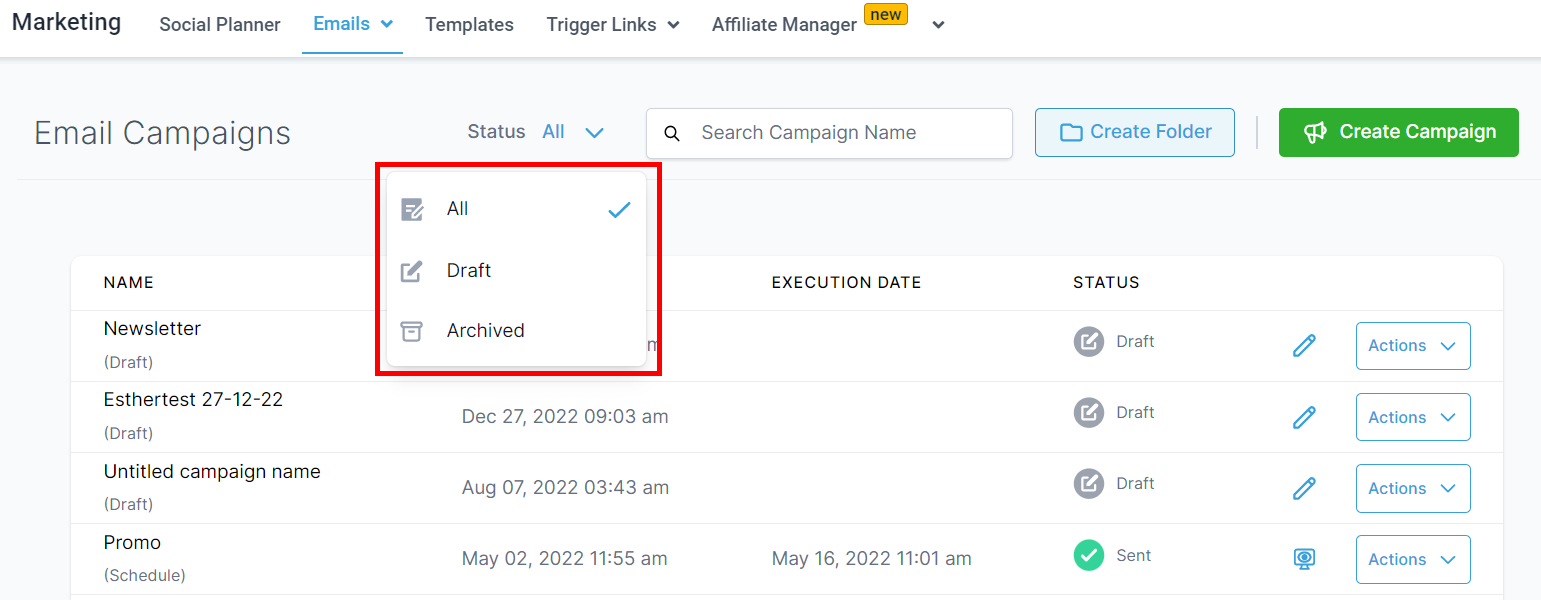 Filter the campaign status