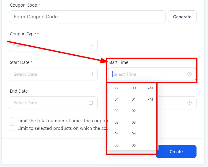 Select a time to start the coupon