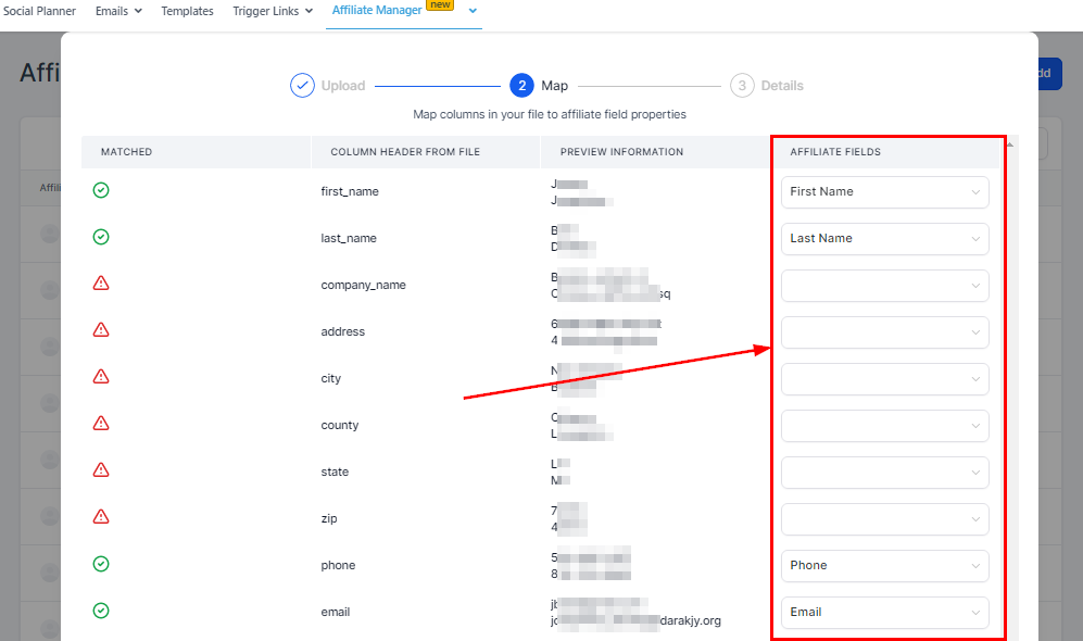 View the approved affiliate fields