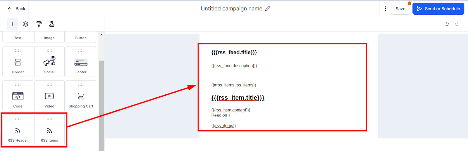 Drag and drop the RSS Header and Items element
