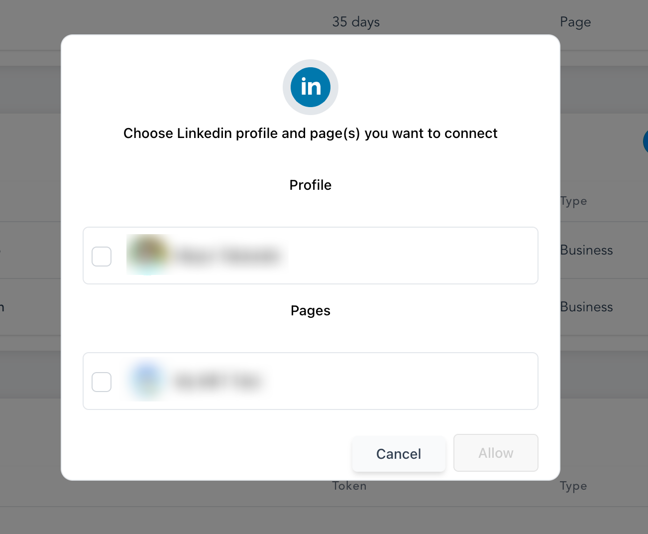 Choose account page and profile