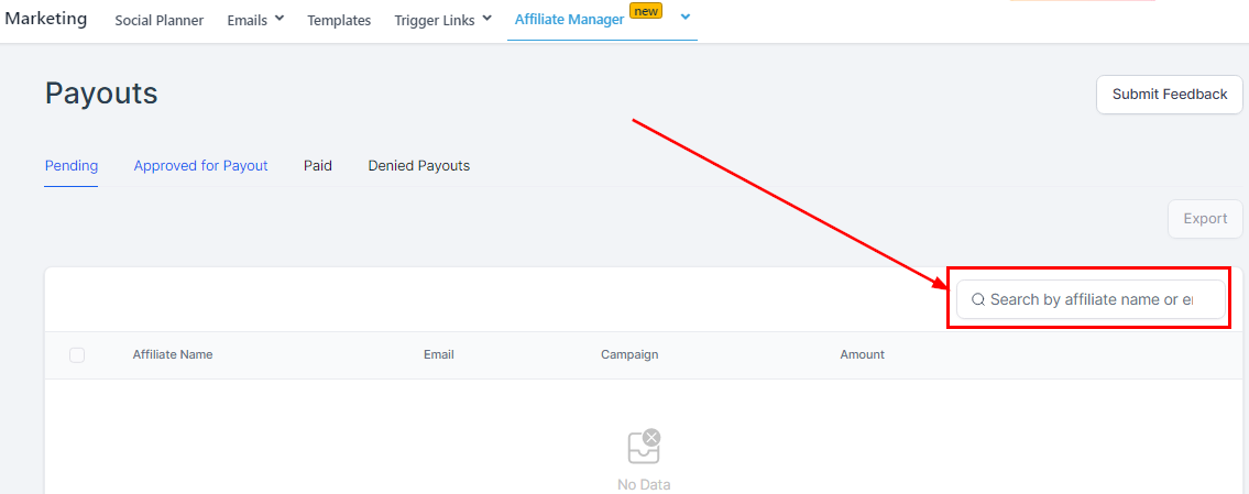 Quick payout search bar