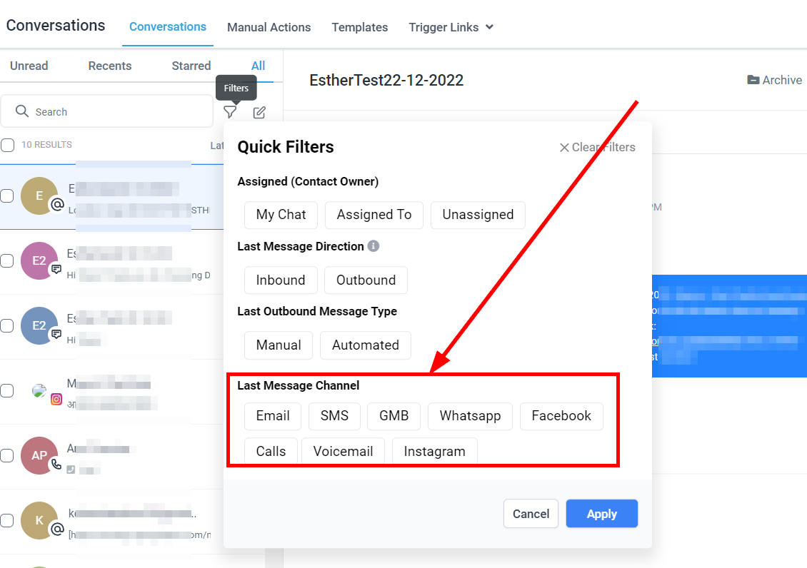 Filter by last message channel