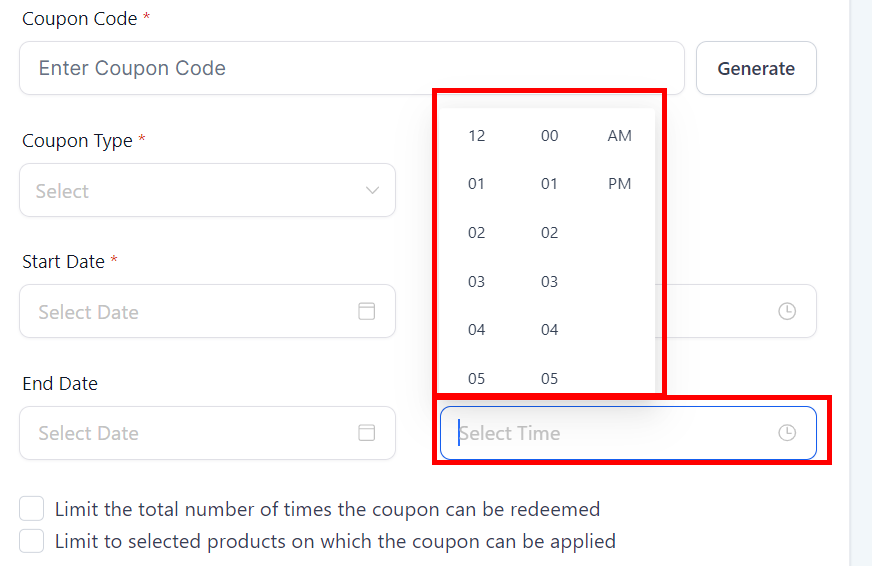 Select a time to end the coupon