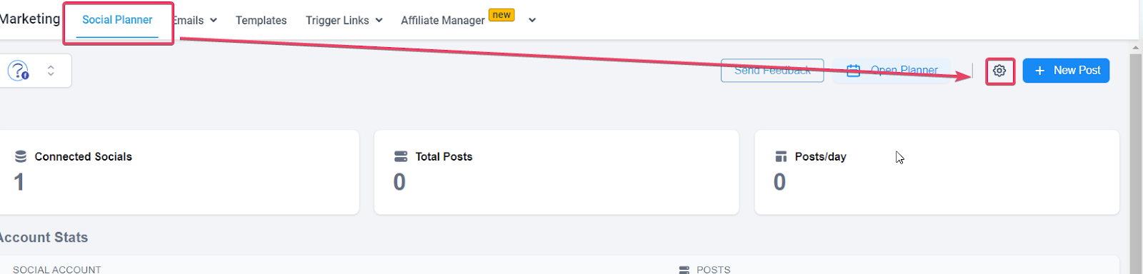 Click on social planner settings