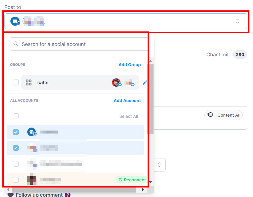 Select which account to post on