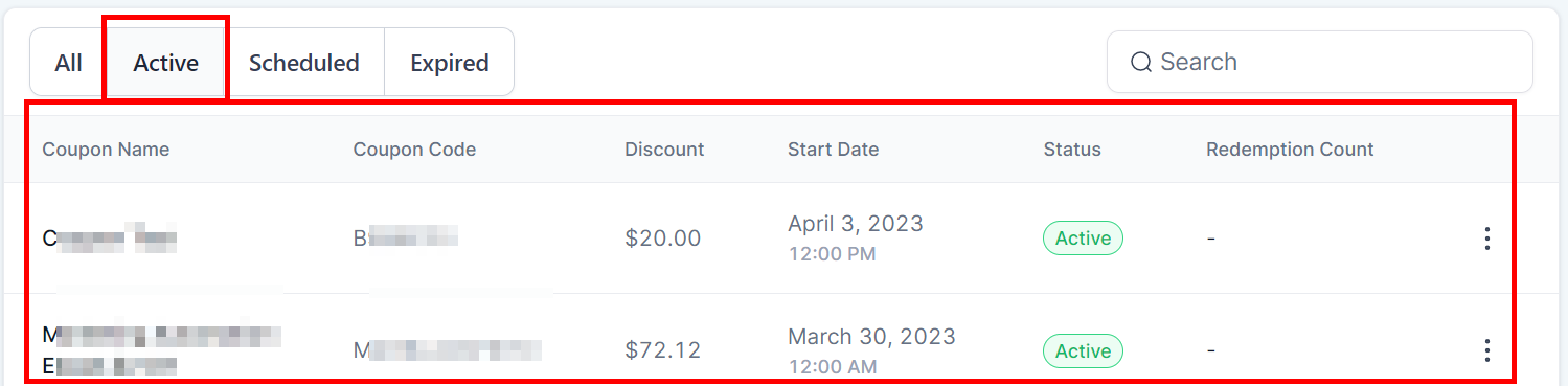 Filter active coupons