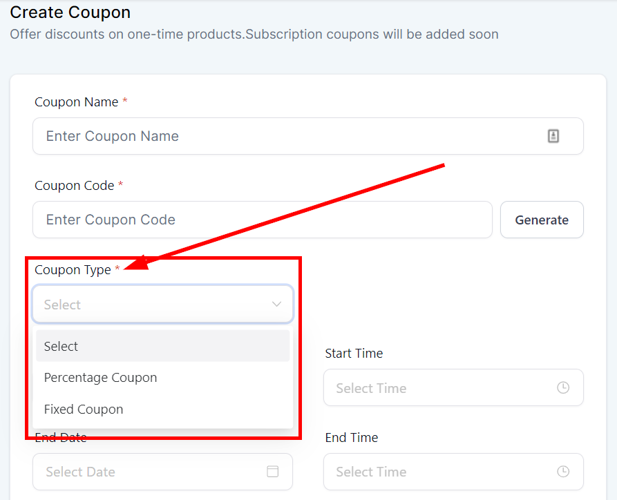 Enter coupon type