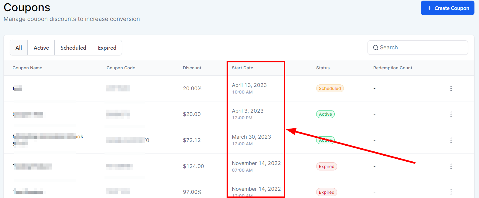 Coupon Start date and time