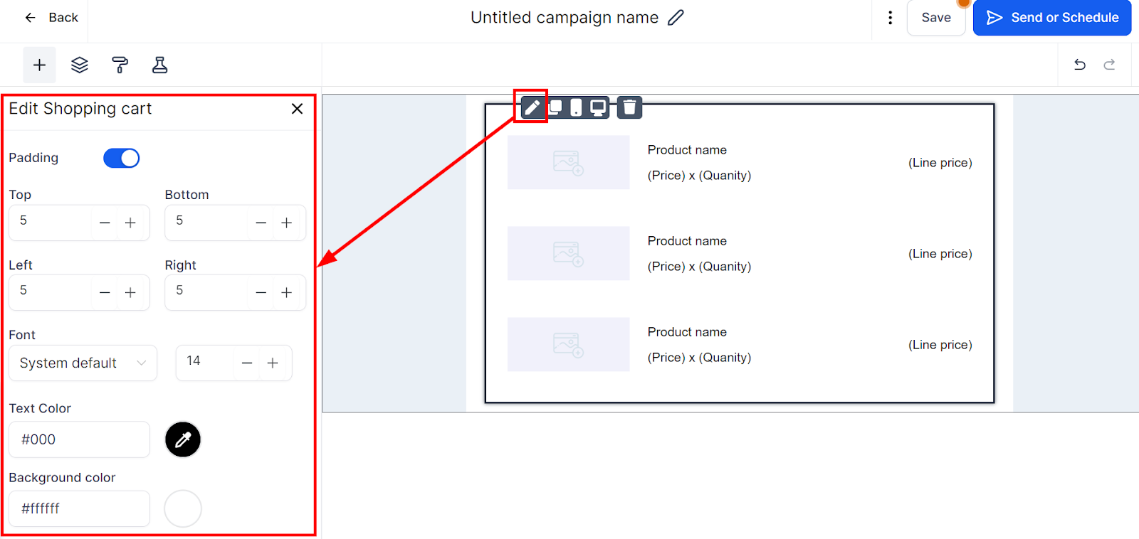 Edit the shopping cart element