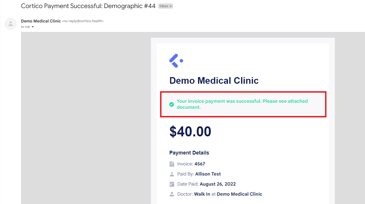 Successful payment email notification using EMR plug in