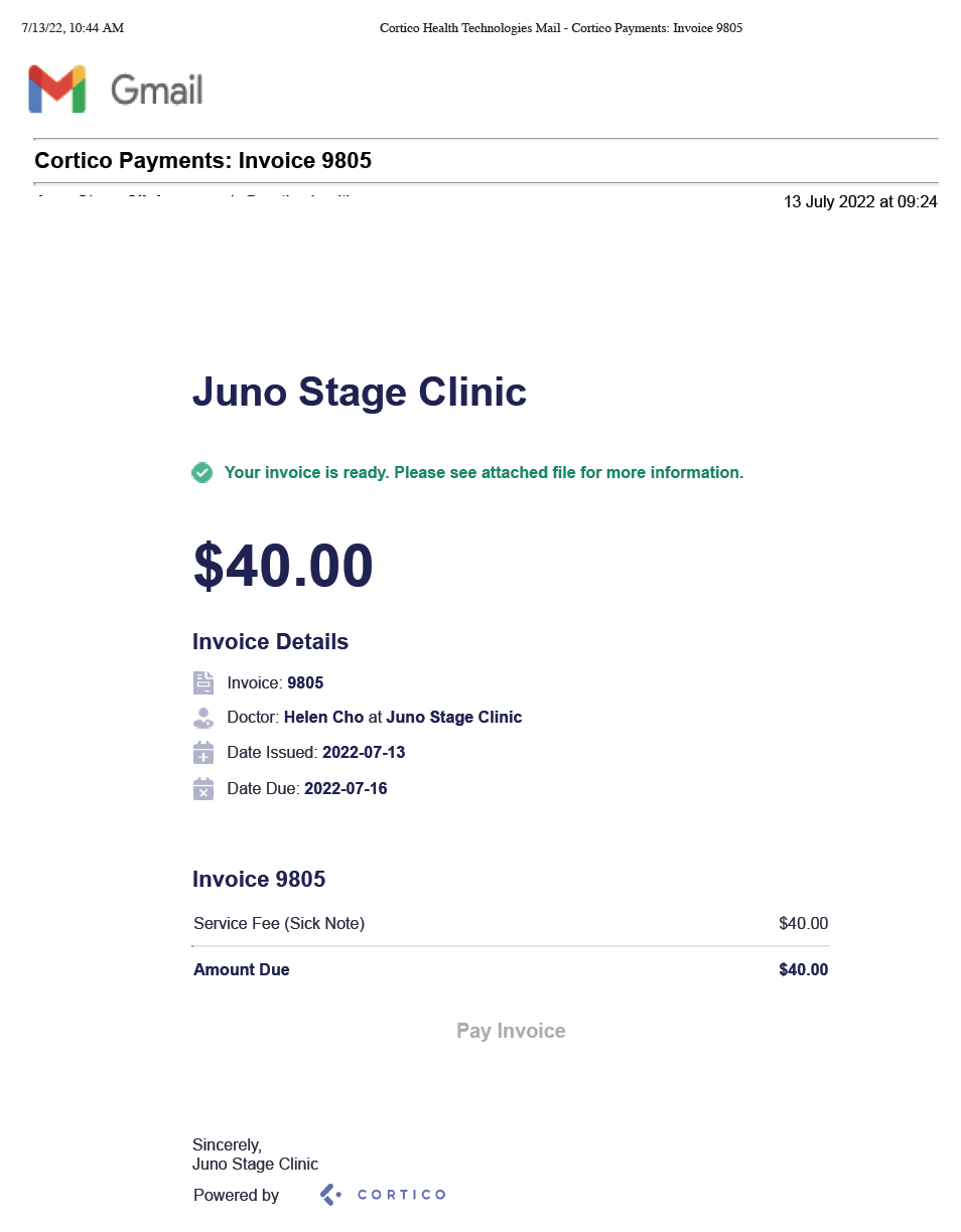 Patient notification after successful invoice receipt