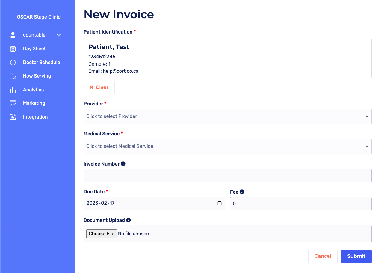 New invoice in Oscar stage clinic