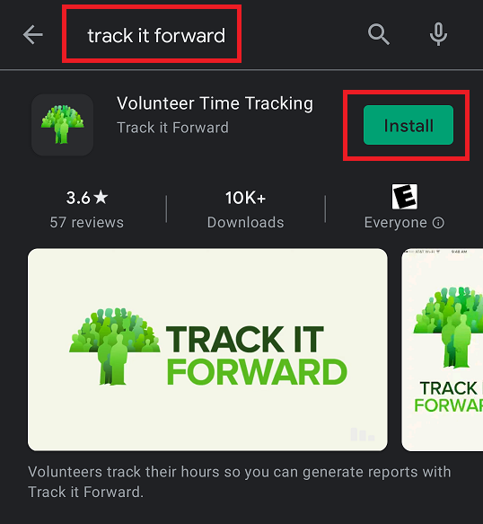 screenshot of Google Play store with Track it Forward searched with a highlight on the install button