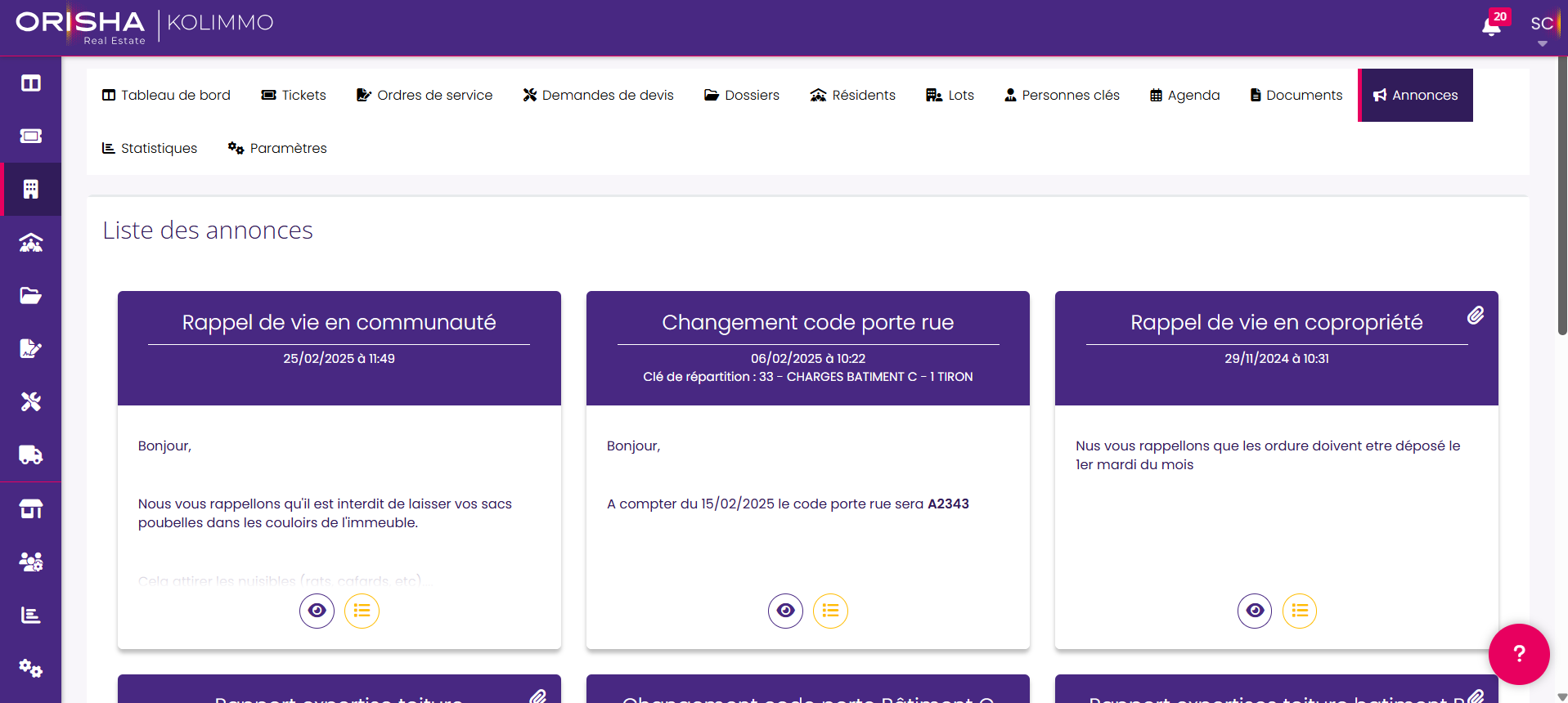 Aperçu des annonces existantes