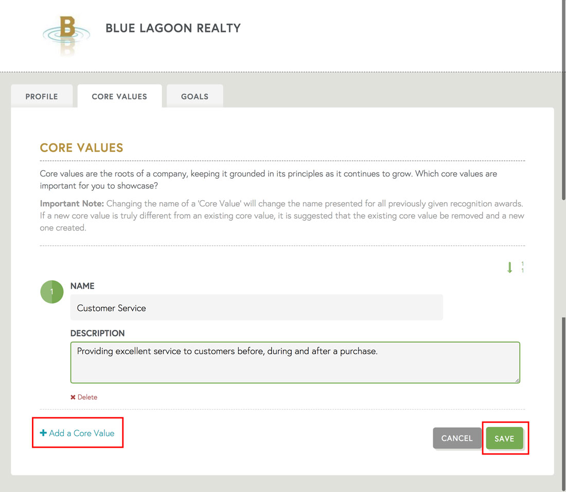 add company core values and descriptions in employee engagement platform