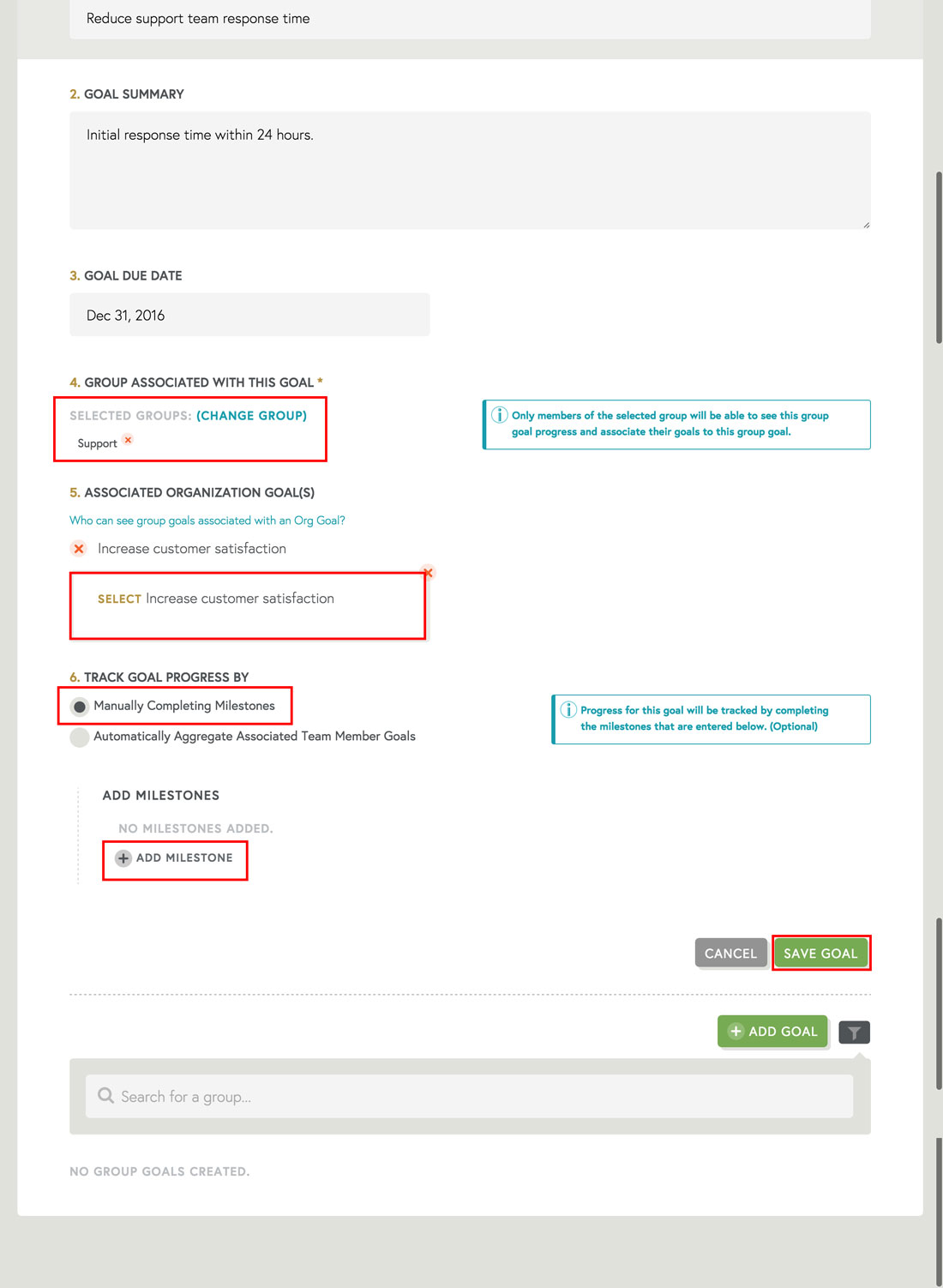 group goals that have manual milestones in free performance management software