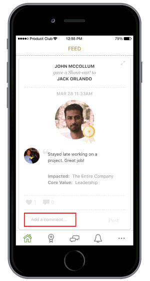 adding comments to employee recognition on mobile app