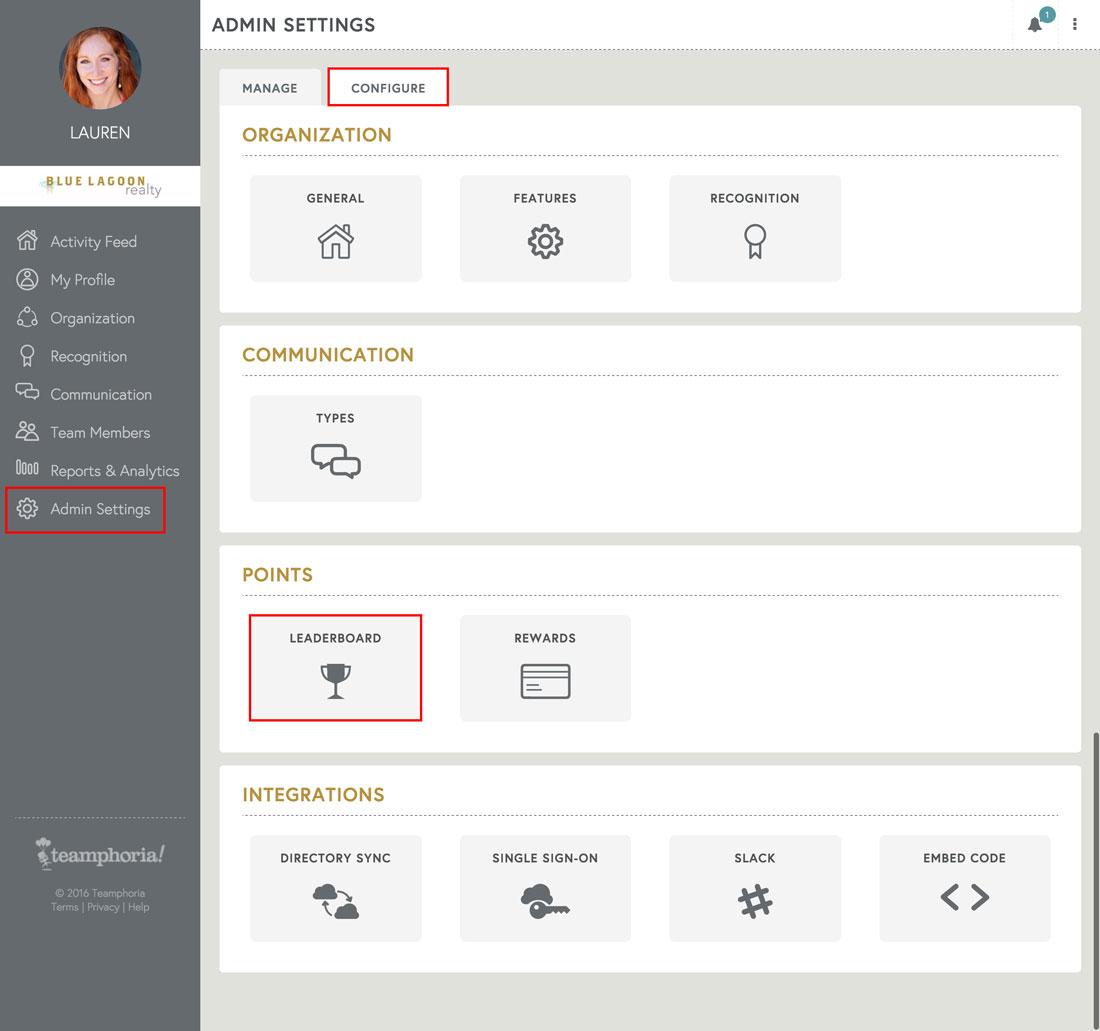 free performance management software admin settings page for leaderboard points