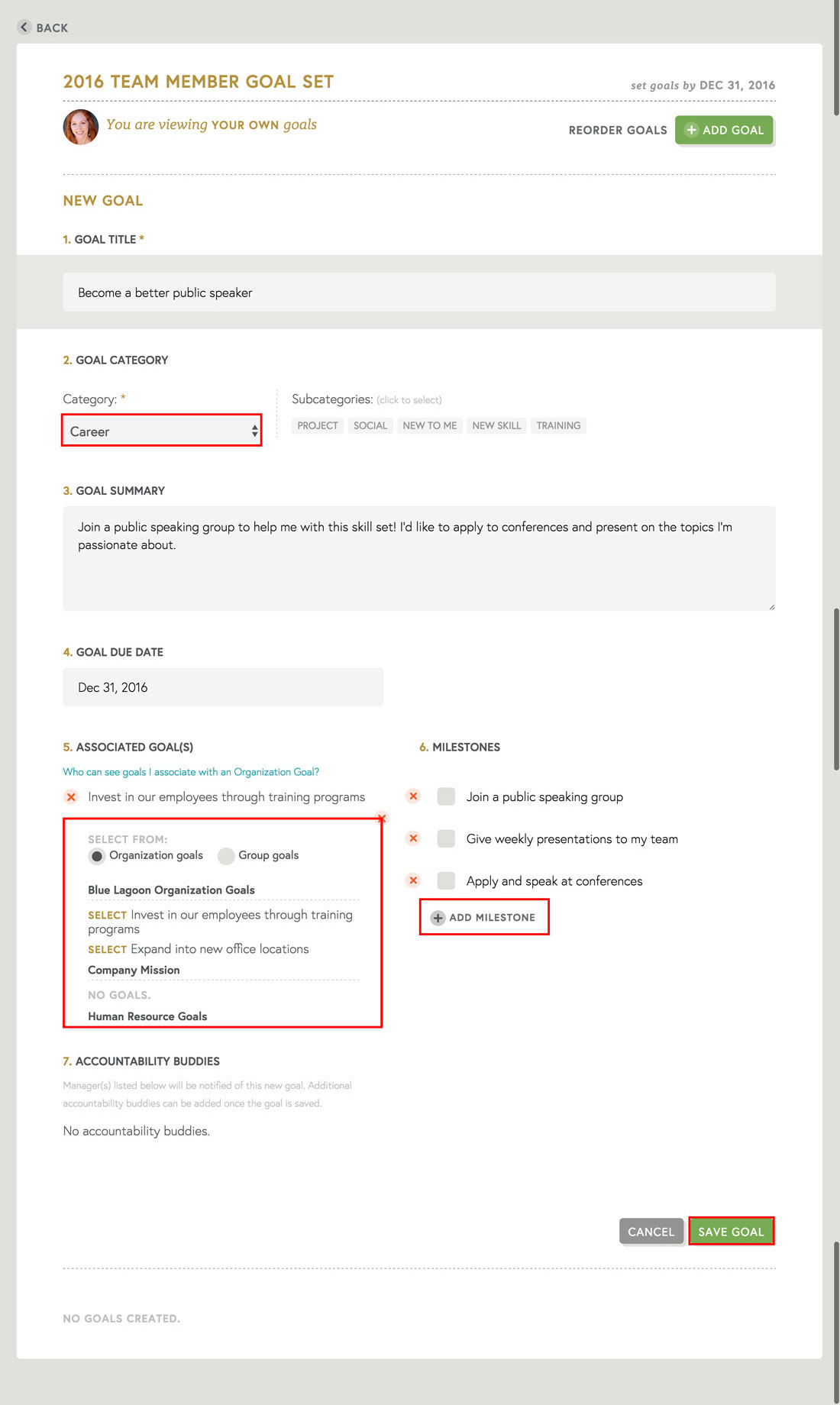 goal milestones on employee goals that tie to company goals in employee recognition software