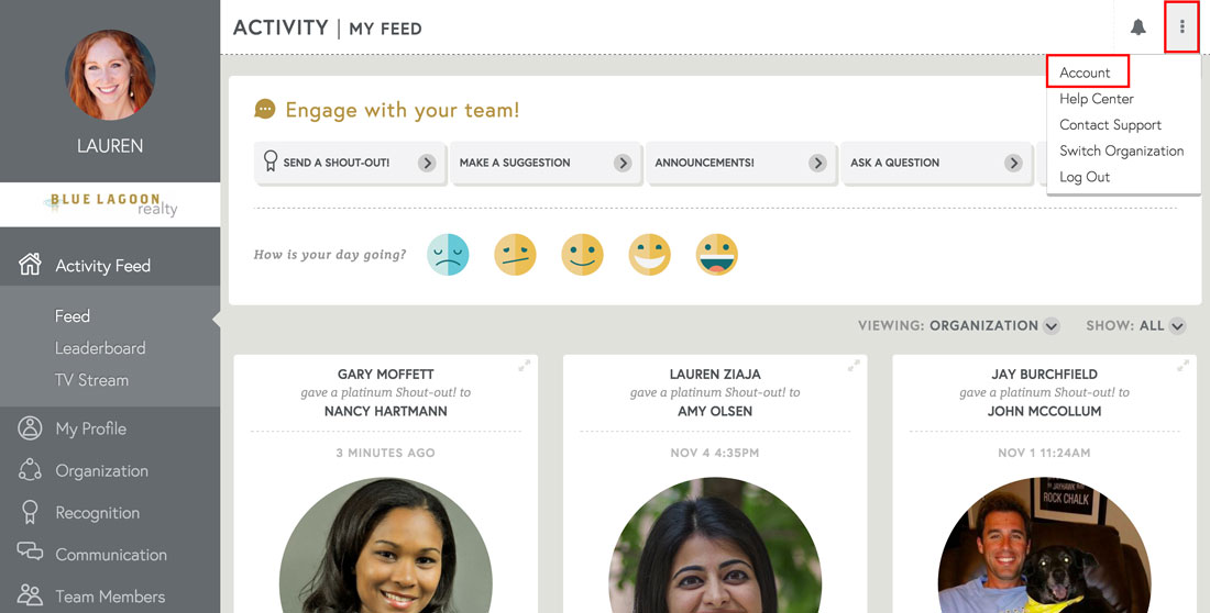 employee recognition software account settings page