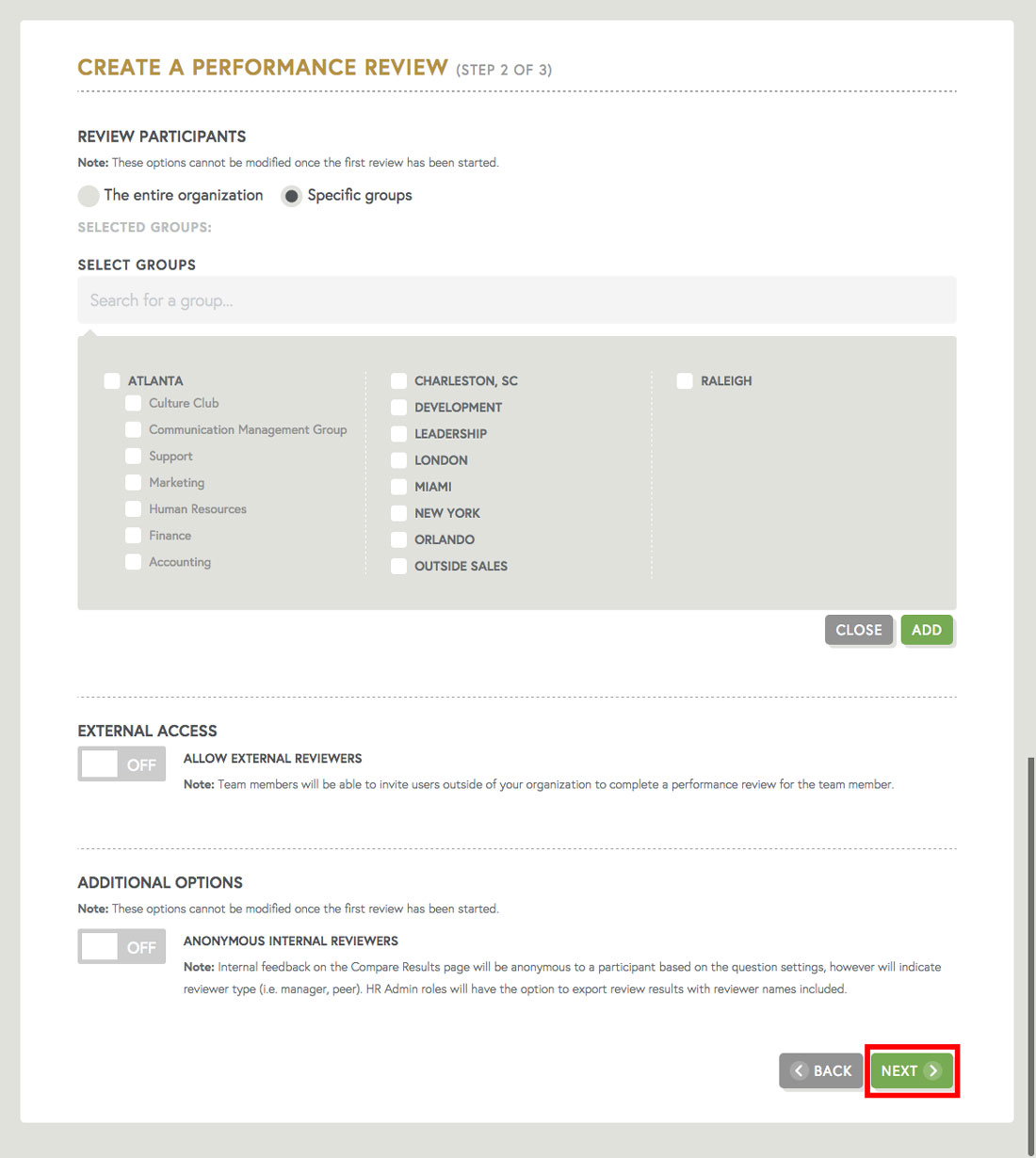 choosing employee groups to participate in performance review template