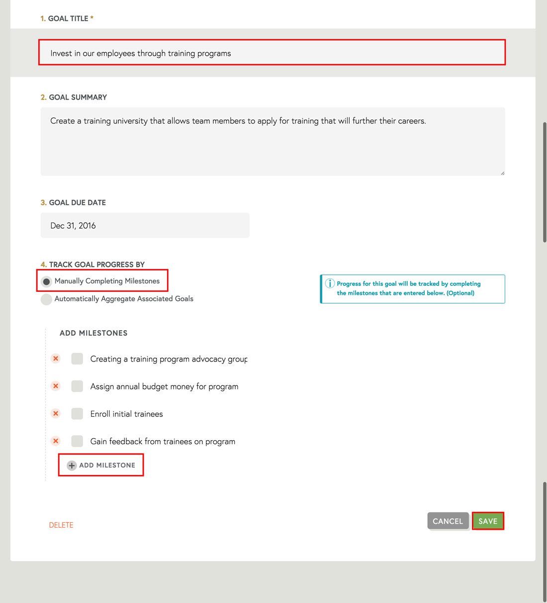 add milestones to organization goals in free employee engagement management software