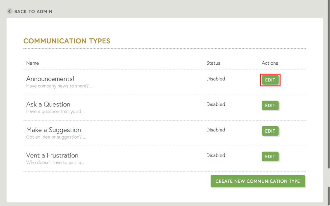 default employee communication types are announcements, ask a question, make a suggestion, and vent a frustration