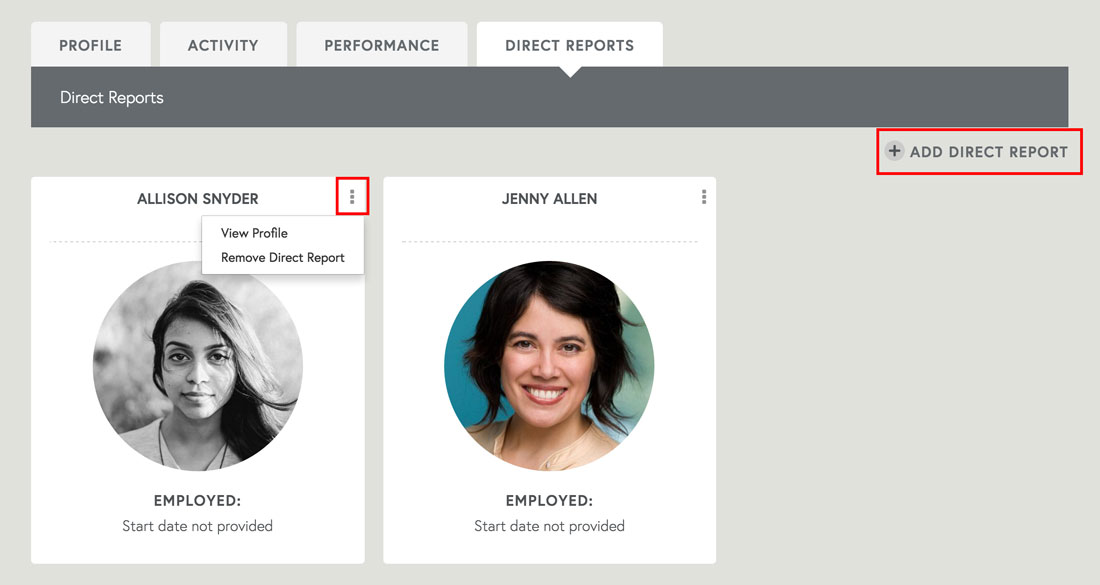 manager view of directs reports to access employee performance management