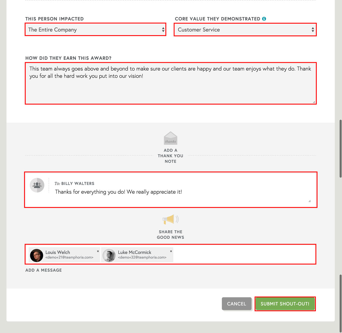 employee recognition completed form