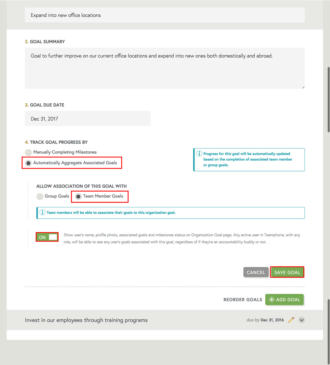 automatically aggregate associated employee goals to organization goals