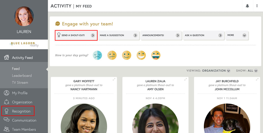 activity feed highlighting employee recognition