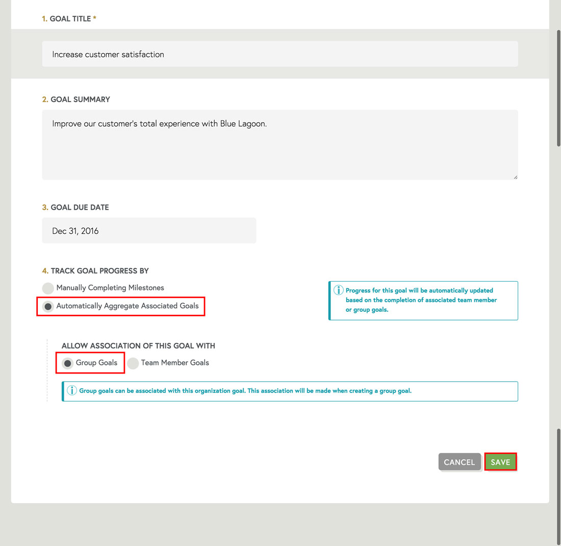 goals that automatically aggregate associated group goals in employee engagement software