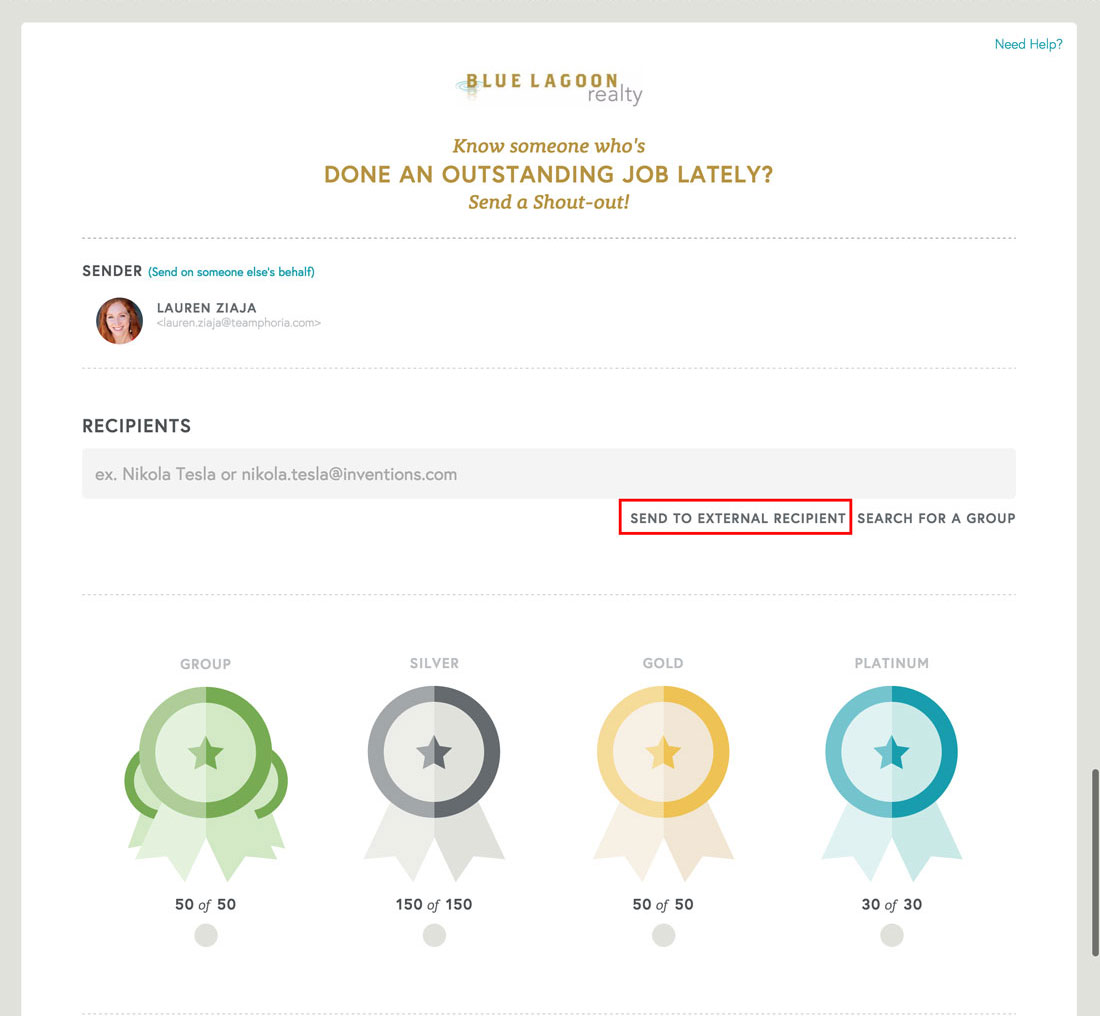 sending employee recognition to an external recipient