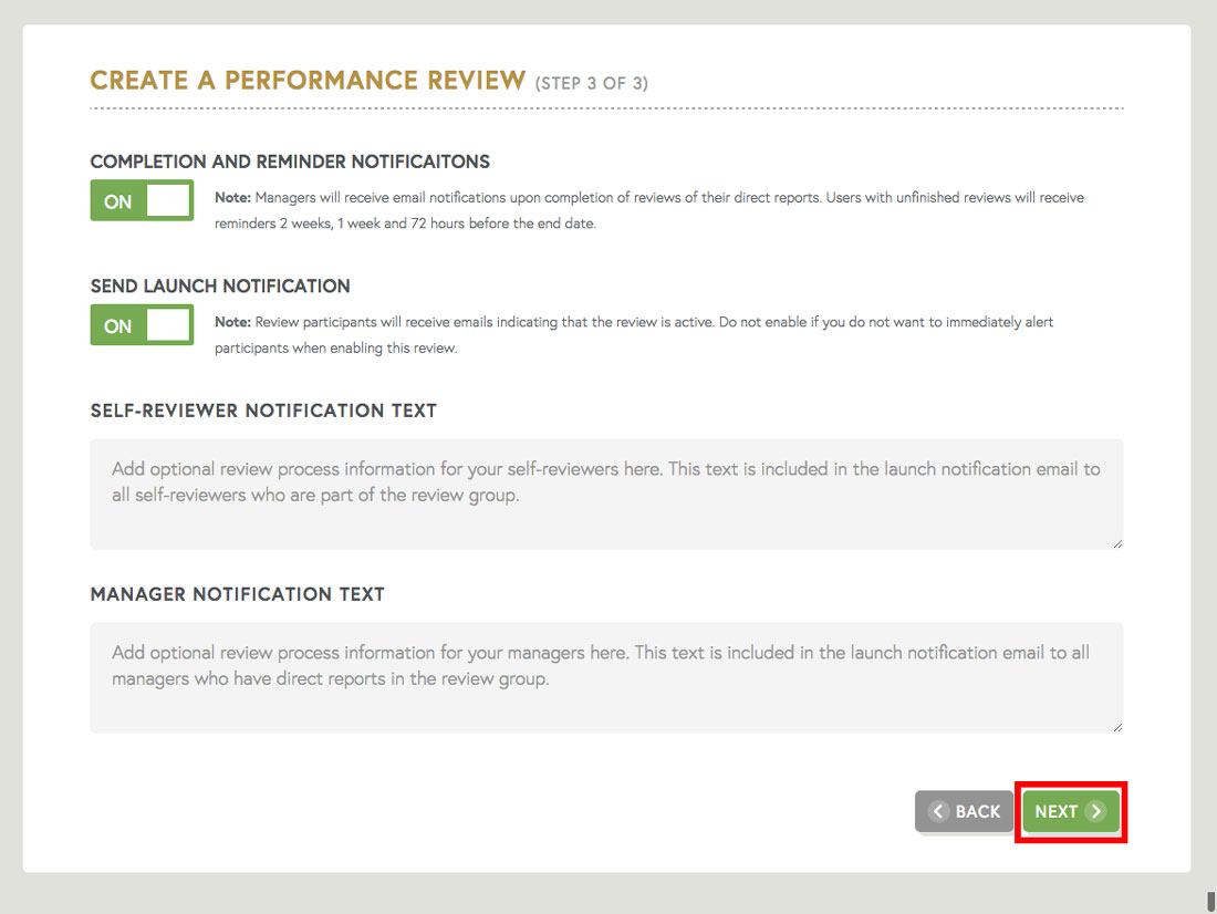 employee review template launch notification for employee communication about employee review