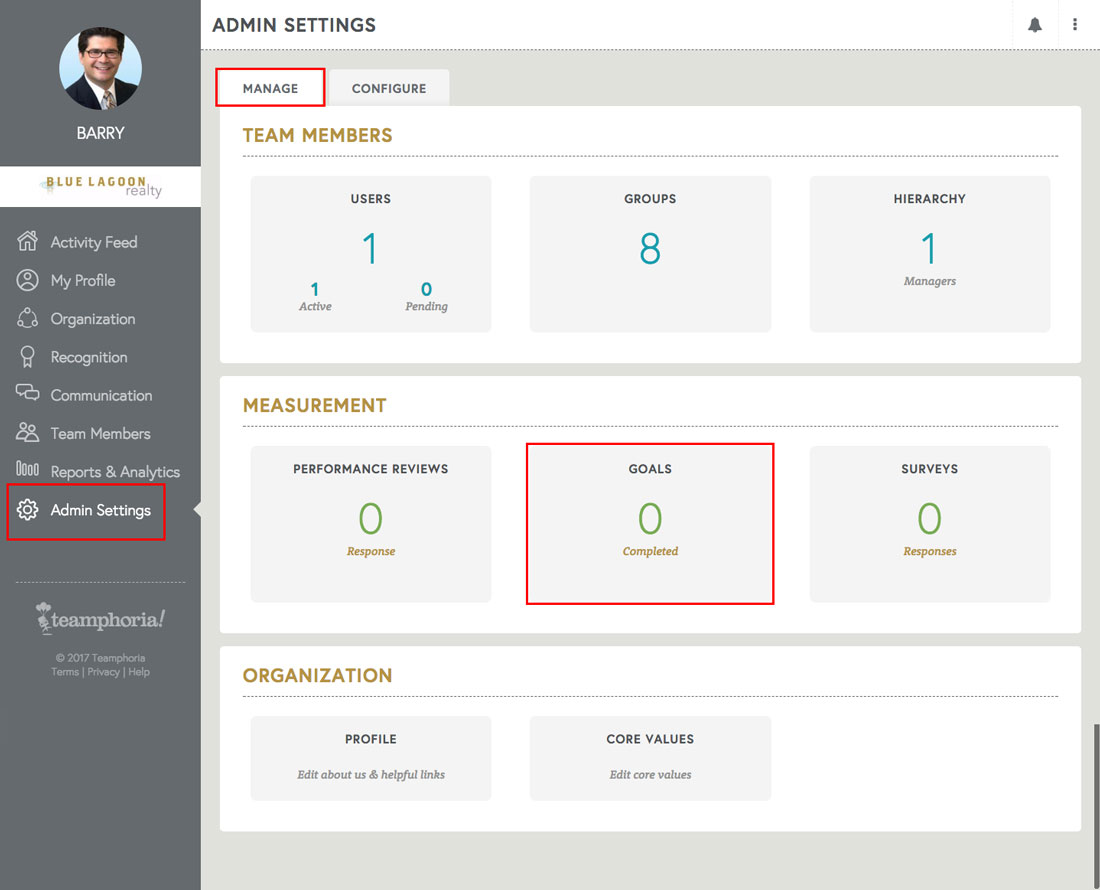 admin settings page view in free employee performance review software