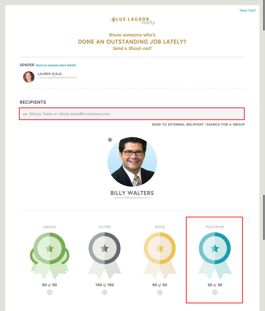 choosing a recipient of an employee recognition on performance management software