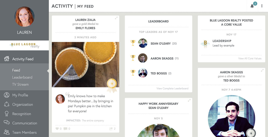 viewing your employee recognition on the activity feed