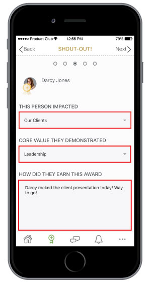 select impacts when sending employee recognition on mobile app