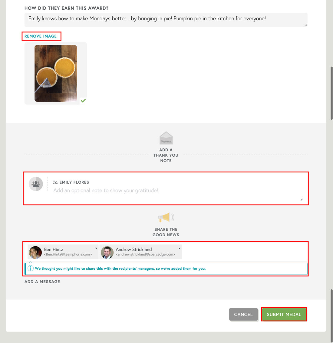 employee recognition with an image attached