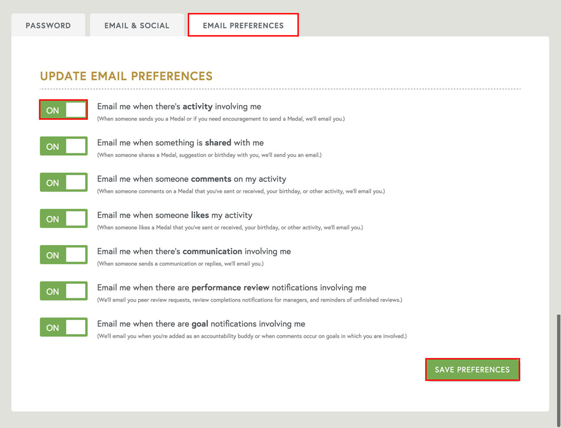 email notifications for employee recognition, employee communication, performance review forms, and employee goals
