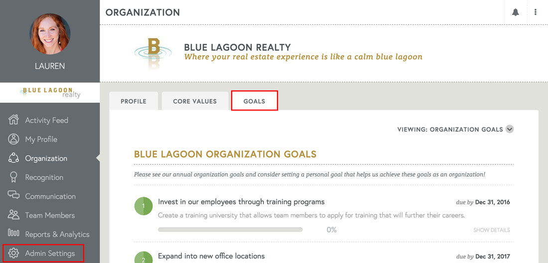 organization goals that improve company culture displayed on organization page