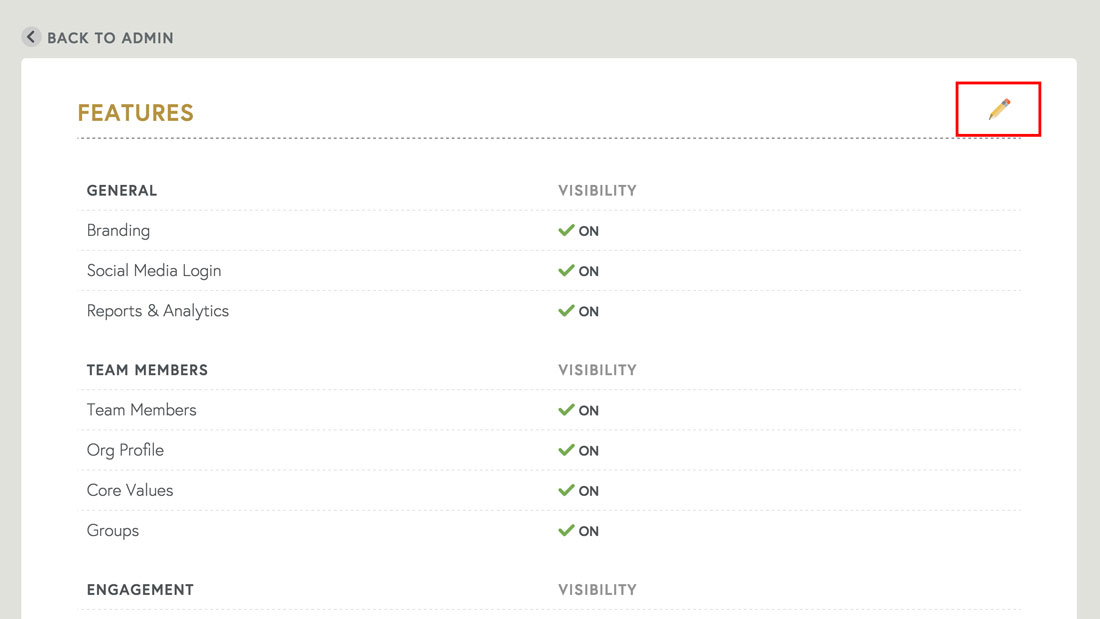 choose features to turn on such as employee recognition, employee communication, and performance management