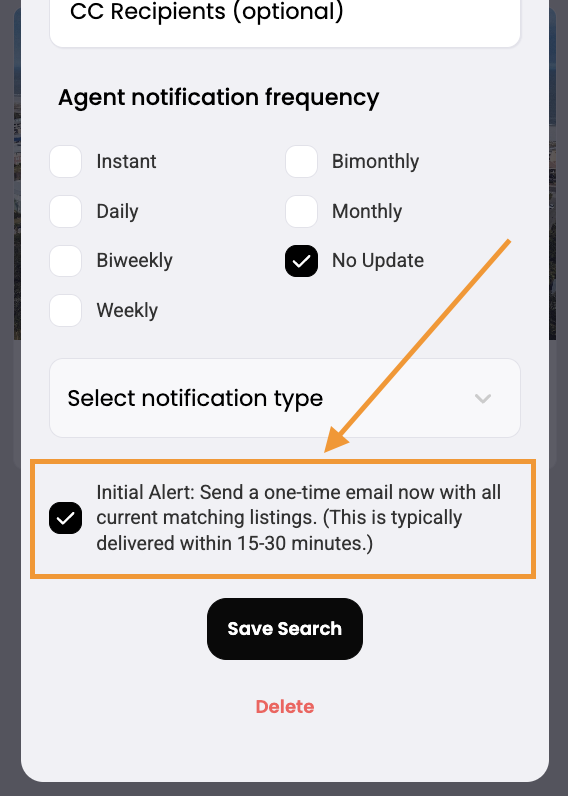 Auto-Send an Initial Alert When Adding or Updating Custom Property Searches