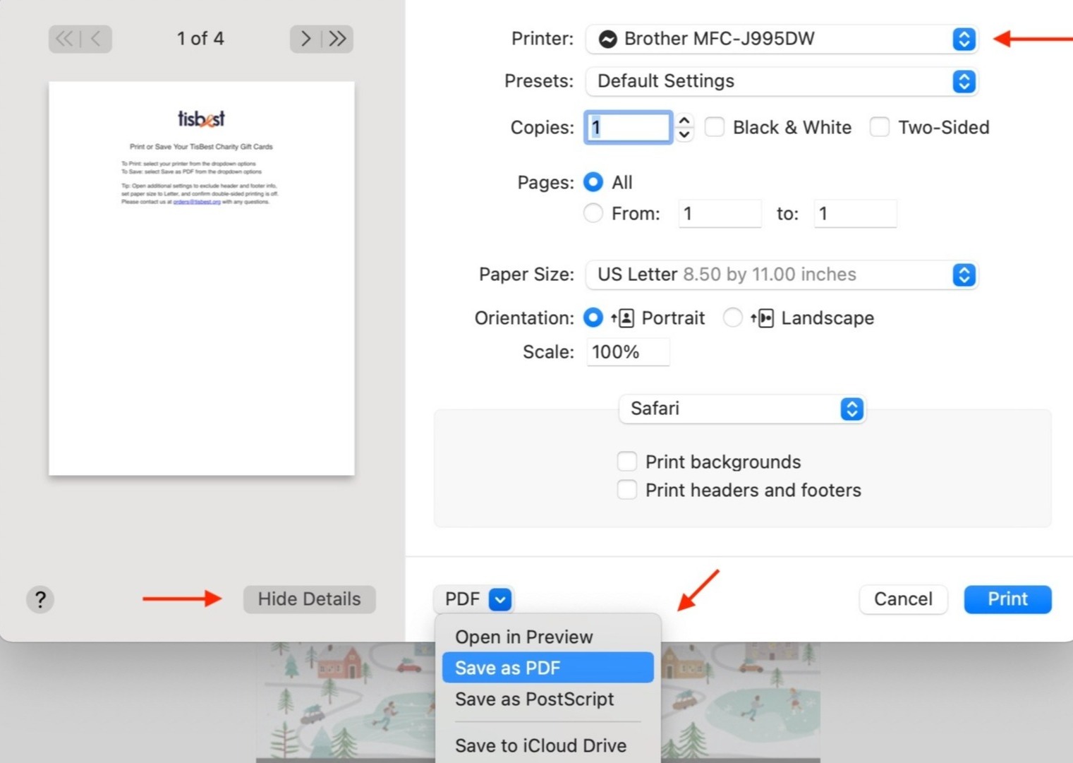 Print or Save via Safari and More Settings