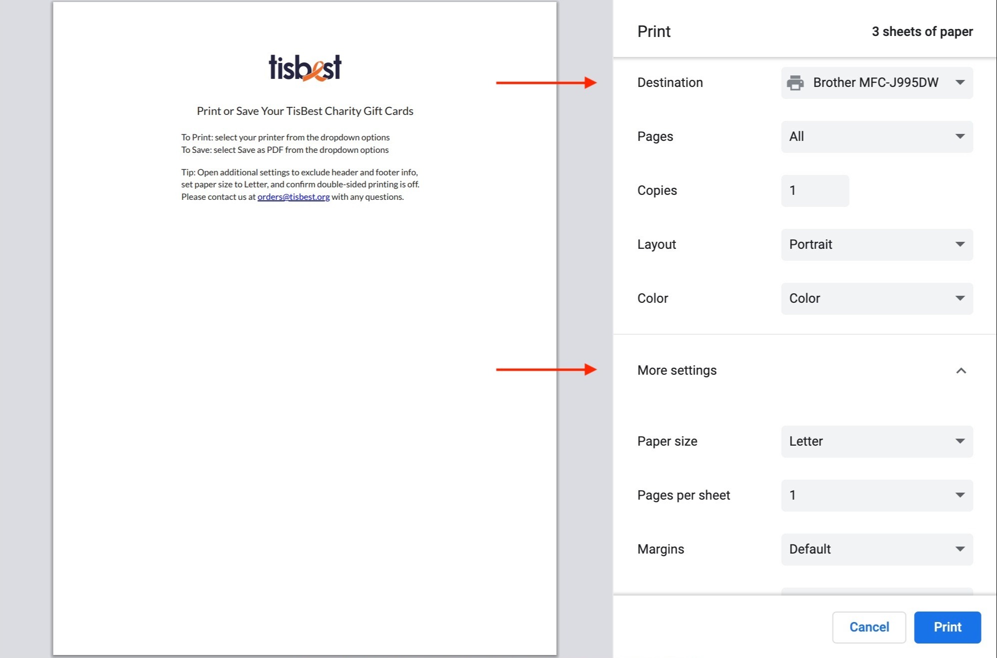 Print or Save via Chrome and More Settings