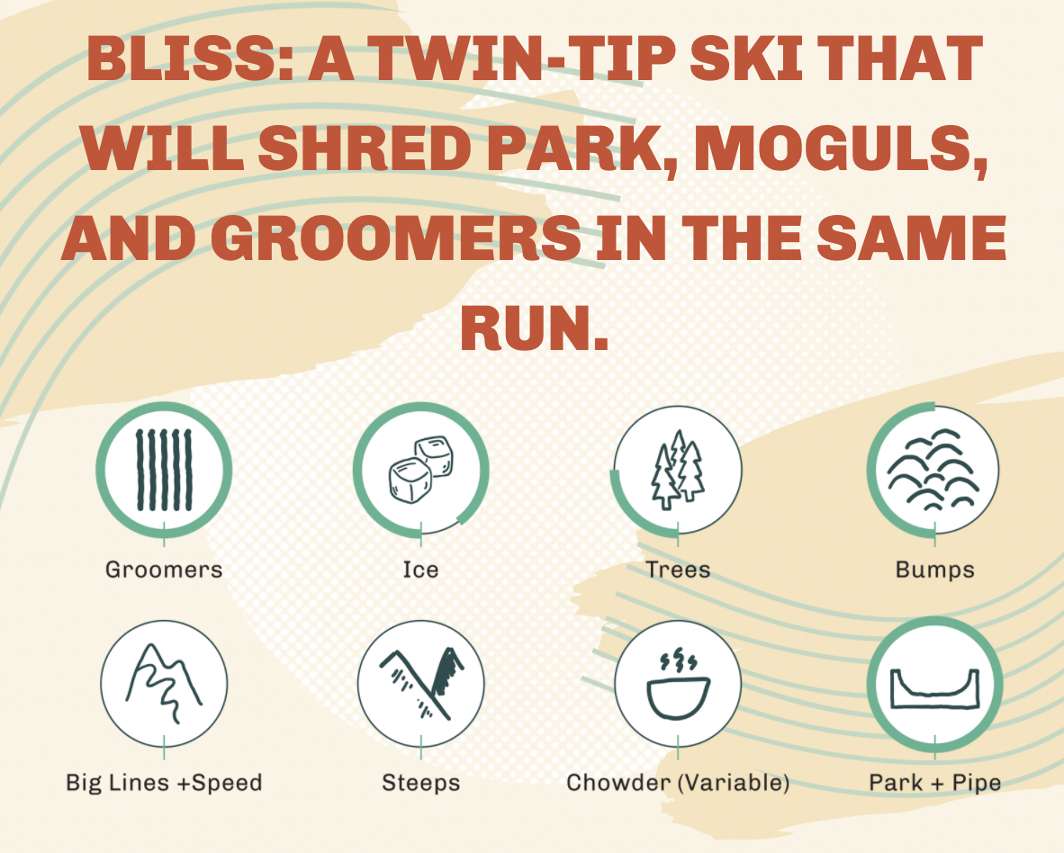 Bliss twin tip park skis for women, women's park skis, park skiing, freestyle skiing, women's freestyle skis